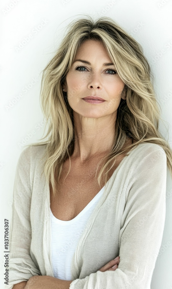 Woman with blonde hair wearing a white cardigan. Woman with blonde hair wearing a white cardigan.