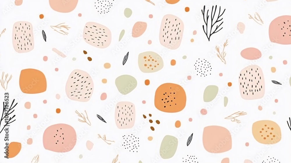 Seamless pattern with abstract shapes, dots, and branches in pink, orange, and green on a white background. Seamless pattern with abstract shapes, dots, and branches in pink, orange, and green on a white background.