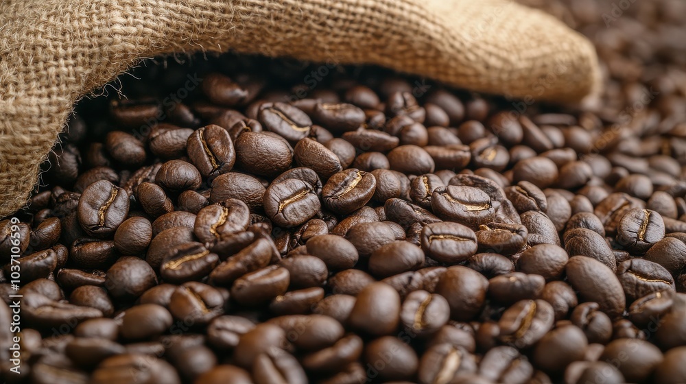 Fototapeta premium Roasted coffee beans spilling from burlap sack