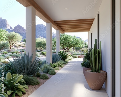 A serene outdoor corridor with plants and mountains in the background.