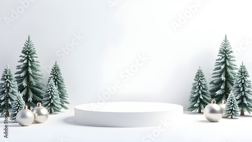 Obraz na płótnie Christmas white background with cylindrical podium for promotion. Round stage for presentation sale product. platform in snow between little Xmas trees, big glass balls hanging in white background w salonie