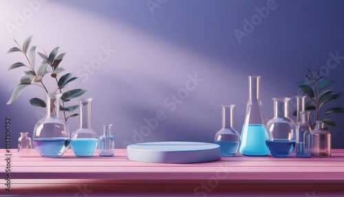 Cosmetic scientific skincare background materials, podium display with glass flask, Laborato photo