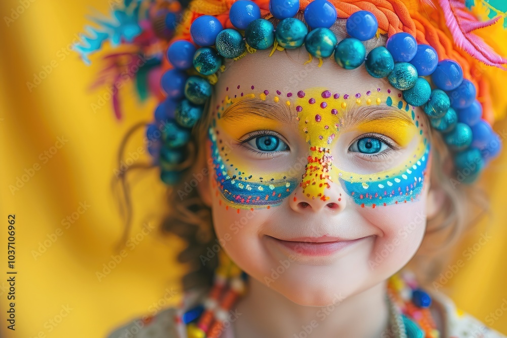 Child with colorful face paint, with carnival beads on head, yellow background, cheerful and playful. Child with colorful face paint, with carnival beads on head, yellow background, cheerful and playful.
