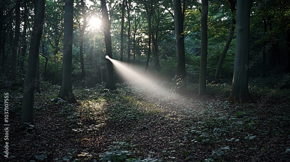 Fototapeta premium Sunbeam shining through trees in a dense forest.