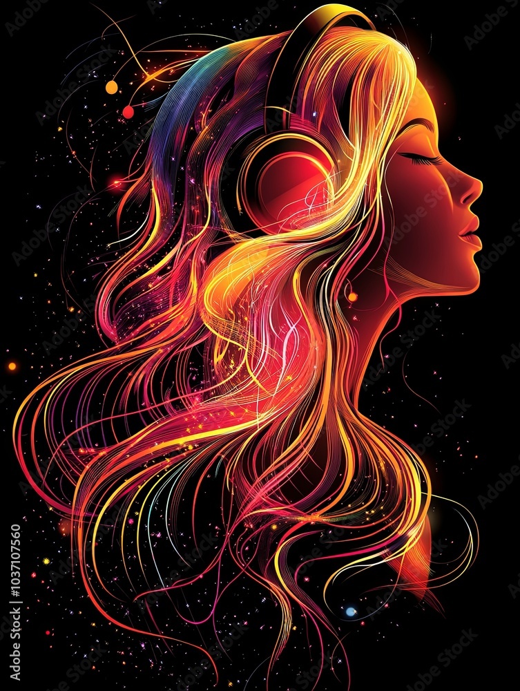 A glowing abstract portrait of a woman with headphones, her hair flowing like fire. A glowing abstract portrait of a woman with headphones, her hair flowing like fire.