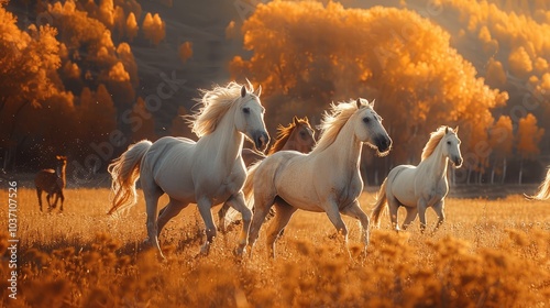 A herd of chestnut and white horses gallops through an amber field, their manes flowing freely. The horses bodies glow under the early morning light, reflecting the gold hues of the surrounding trees.