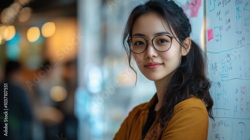 A young Asian entrepreneur brainstorming ideas on a whiteboard in a creative co-working space, collaborating with peers.