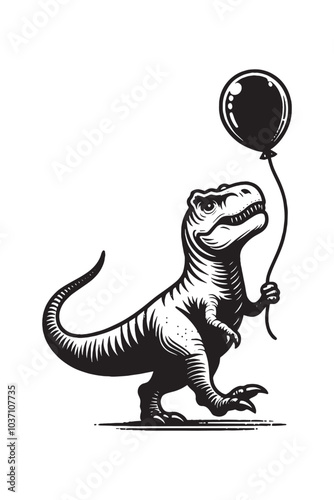 Tyrannosaurus rex with a balloon. Vintage abstract vector engraving illustration, emblem, logo, print