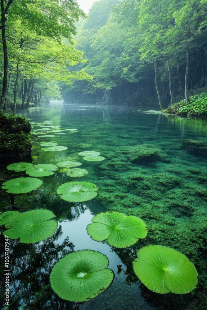 A serene landscape featuring lily pads on a tranquil, clear water body surrounded by lush greenery. A serene landscape featuring lily pads on a tranquil, clear water body surrounded by lush greenery.