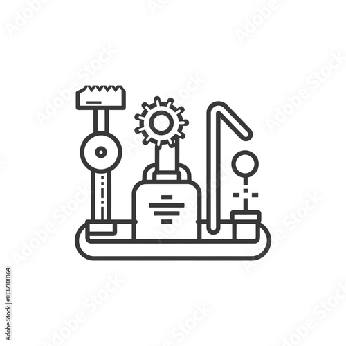 Line drawing of a complex machine with various gears and components