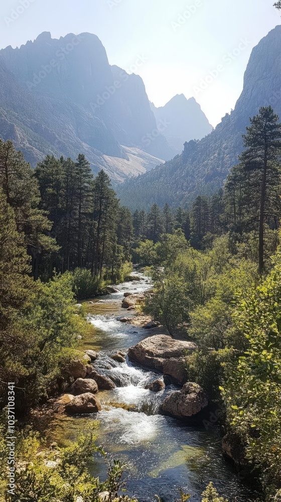 A serene mountain landscape featuring a flowing river surrounded by lush greenery and towering peaks. A serene mountain landscape featuring a flowing river surrounded by lush greenery and towering peaks.