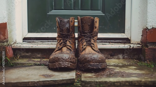 Muddy Boots on a Rustic Doorstep Signifying the End of a Hard Earned Adventure photo