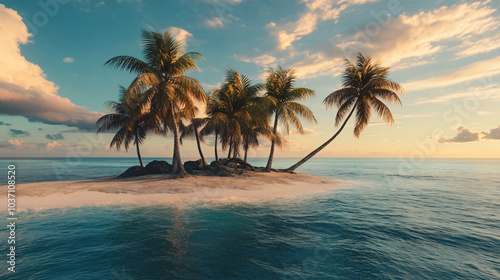 A serene tropical island with palm trees swaying in the breeze and turquoise waters gently lapping at the shore.