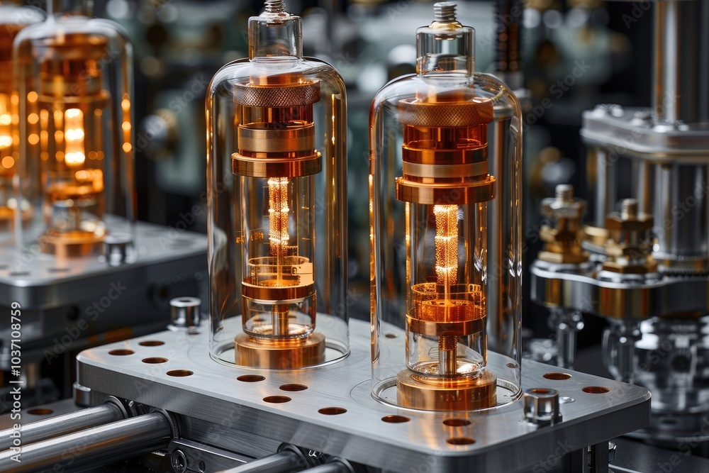 Two Illuminated Vacuum Tubes on a Metal Platform Two Illuminated Vacuum Tubes on a Metal Platform