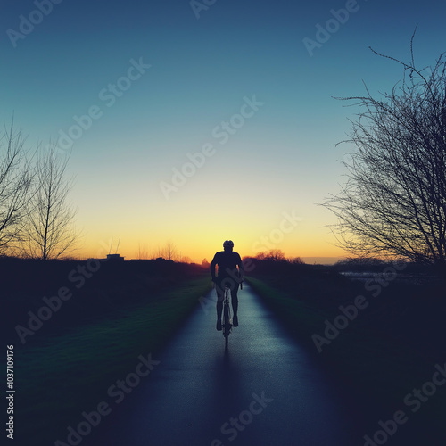 A cyclist riding along a path with the early morning sky transitioning from dark to light