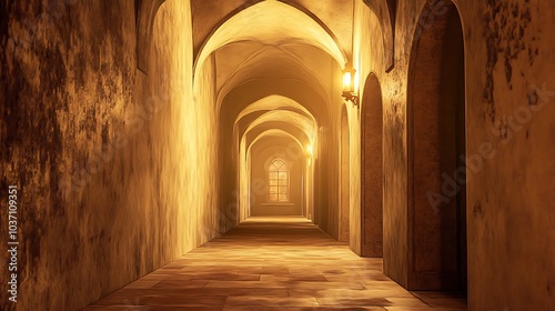 A dimly lit  arched hallway with a wooden floor and a single window at the end.