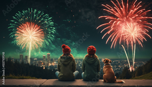 Girls watch beautiful fireworks show with her dog to celebrate new year, created with Generative AI technology. photo