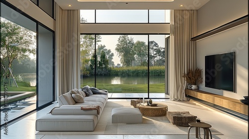Inside the house  living room  sliding window Sofa  TV  table  curtains  white concrete floor  water  lawn  trees.