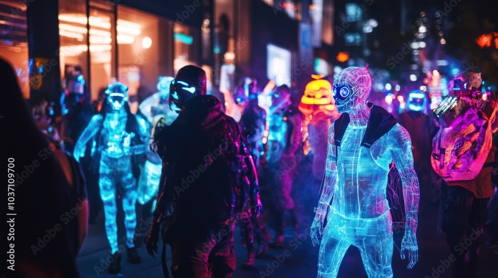 A vibrant crowd in illuminated costumes walking through a city street at night. A vibrant crowd in illuminated costumes walking through a city street at night.