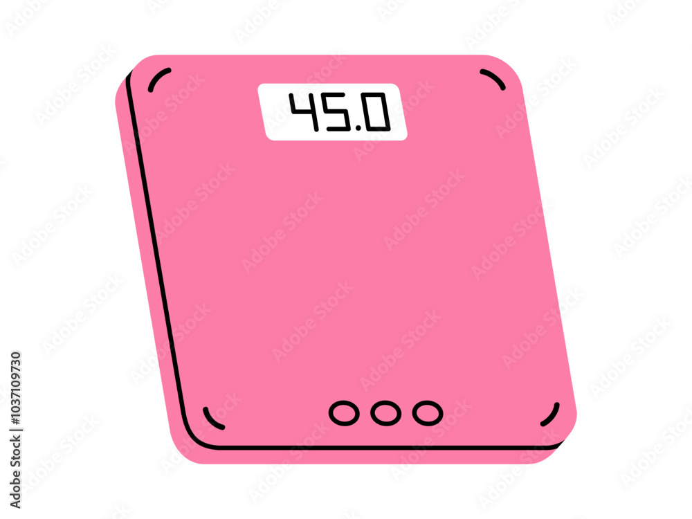 Hand drawn cute cartoon illustration of electronic weight scales. Flat vector measurement floor device doodle style. Obesity or overweight control icon or print. Healthy eating or diet. Isolated. Hand drawn cute cartoon illustration of electronic weight scales. Flat vector measurement floor device doodle style. Obesity or overweight control icon or print. Healthy eating or diet. Isolated.