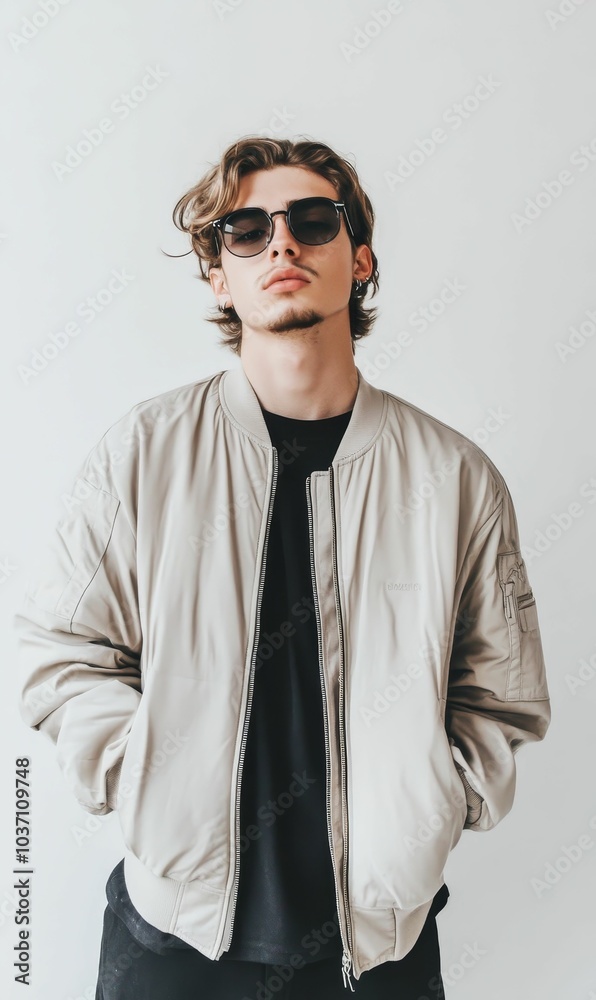 Man wearing a beige bomber jacket and sunglasses.