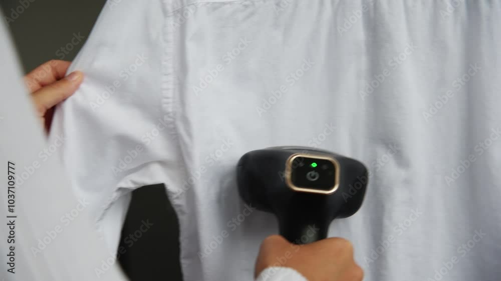 Close-up Caucasian young woman steaming a white shirt with a portable mobile handheld steamer. Home life and routine. Garment care Close-up Caucasian young woman steaming a white shirt with a portable mobile handheld steamer. Home life and routine. Garment care