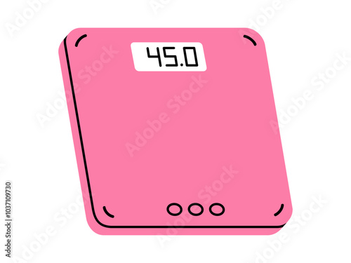 Hand drawn cute cartoon illustration of electronic weight scales. Flat vector measurement floor device doodle style. Obesity or overweight control icon or print. Healthy eating or diet. Isolated.