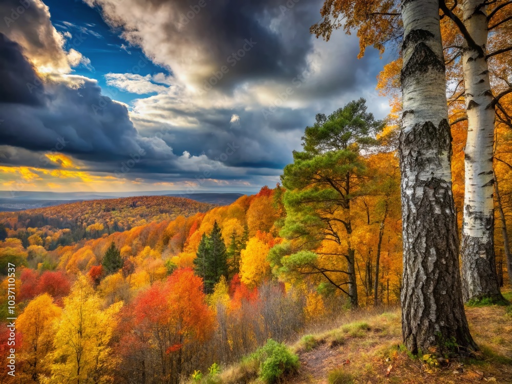 Fototapeta premium Autumn Forest in Kharkiv Region: Evening Grey Cloudy Sky and Nature's Splendor