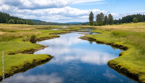 A serene river winding through lush green fields under a blue sky.