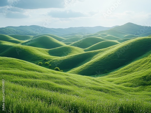 Expansive rolling hills beneath a bright blue sky, gentle slopes and soft contours inviting tranquility and serenity photo