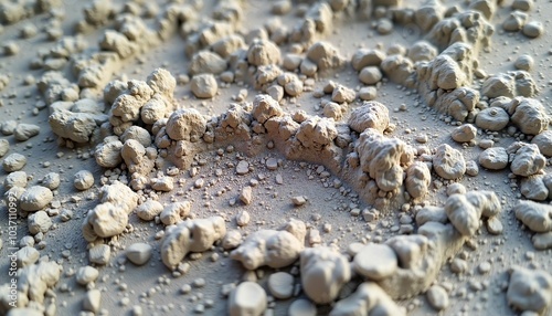 White chalky soil texture with pebbles in pale tones for geological research