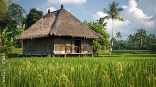 Traditional Balinese House in Lush Rice Fields