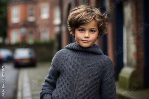 Portrait of a cute little boy in a grey sweater on the street