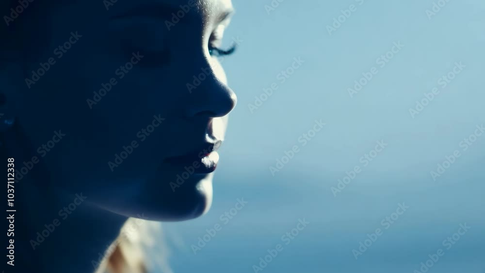 Serene woman's profile in tranquil blue atmosphere Serene woman's profile in tranquil blue atmosphere