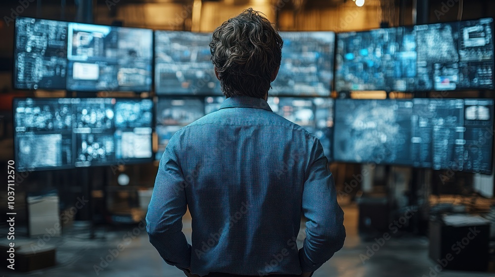 A person observing multiple screens displaying data and surveillance footage. A person observing multiple screens displaying data and surveillance footage.