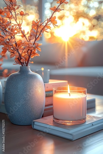 A serene still life featuring a lit candle and a vase of orange flowers, creating a warm and inviting atmosphere during sunset.