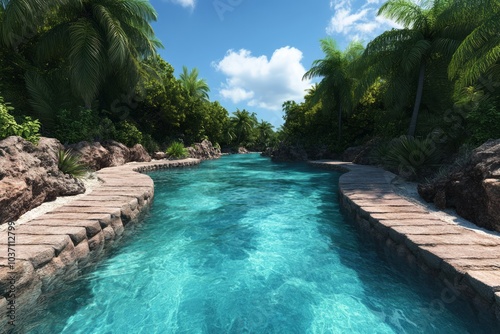 A serene tropical landscape featuring a winding river surrounded by lush greenery.