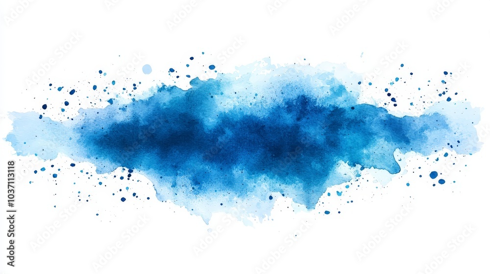 Abstract blue watercolor splash with soft edges and scattered droplets, creating a serene and artistic effect.