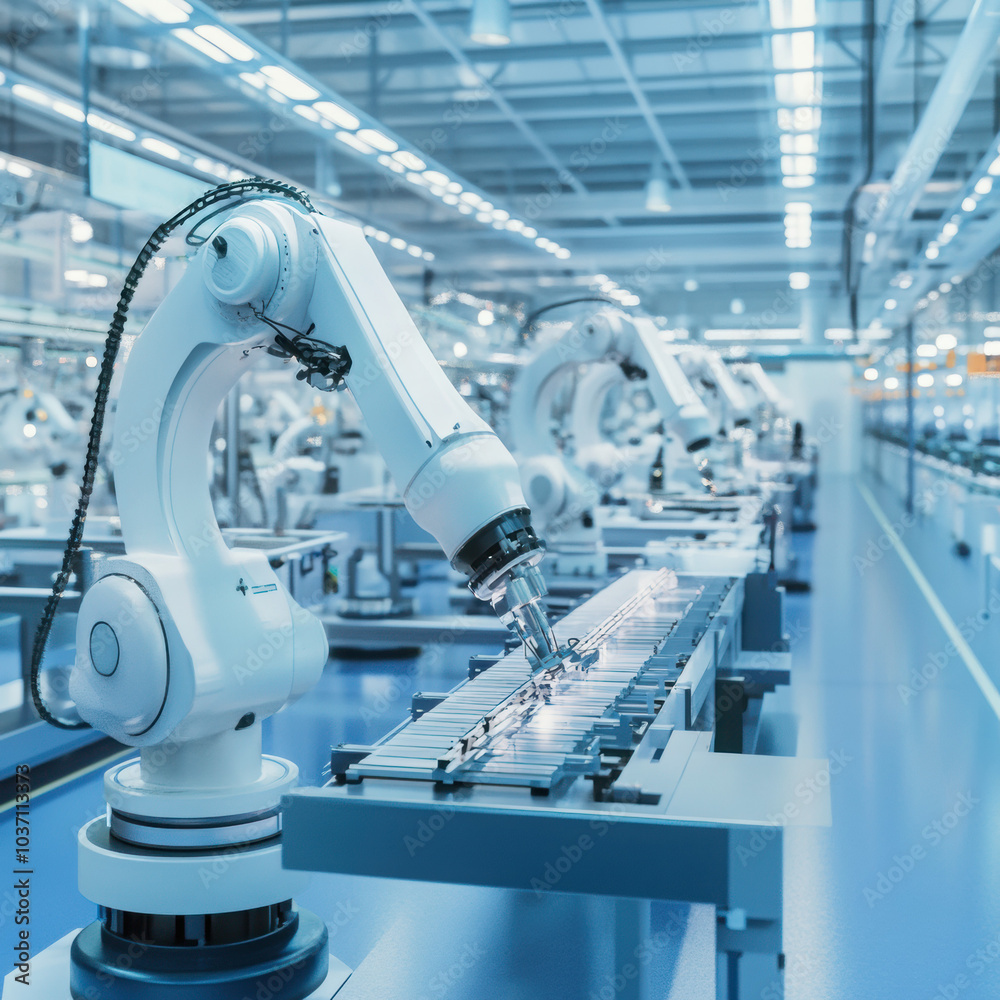 Automated Assembly Line: High-tech robotic arms precisely manipulate components along a modern, efficient production line in a clean, futuristic factory setting. Automated Assembly Line: High-tech robotic arms precisely manipulate components along a modern, efficient production line in a clean, futuristic factory setting.