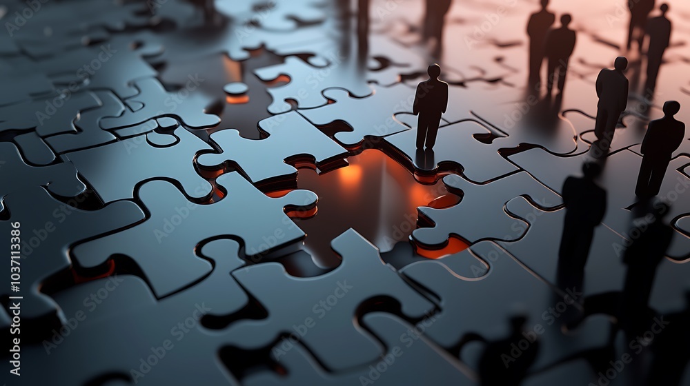 Silhouette Figures Standing on a Puzzle with a Missing Piece