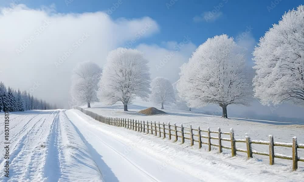 A serene winter landscape with frosted trees and a snow-covered path under a blue sky. A serene winter landscape with frosted trees and a snow-covered path under a blue sky.
