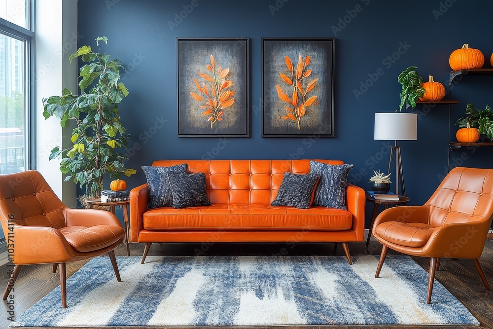 Mid-century modern living room with dark blue walls, an orange sofa, and leather chairs, featuring Halloween pumpkin-colored decorations. Mid-century modern living room with dark blue walls, an orange sofa, and leather chairs, featuring Halloween pumpkin-colored decorations.