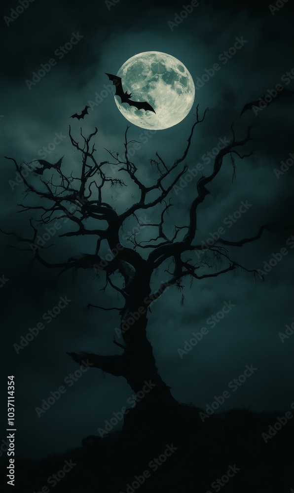 Fototapeta premium Silhouette of a tree and bats against a full moon.