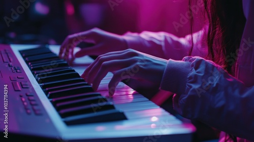 A close-up of hands playing a keyboard in a colorful, illuminated setting.