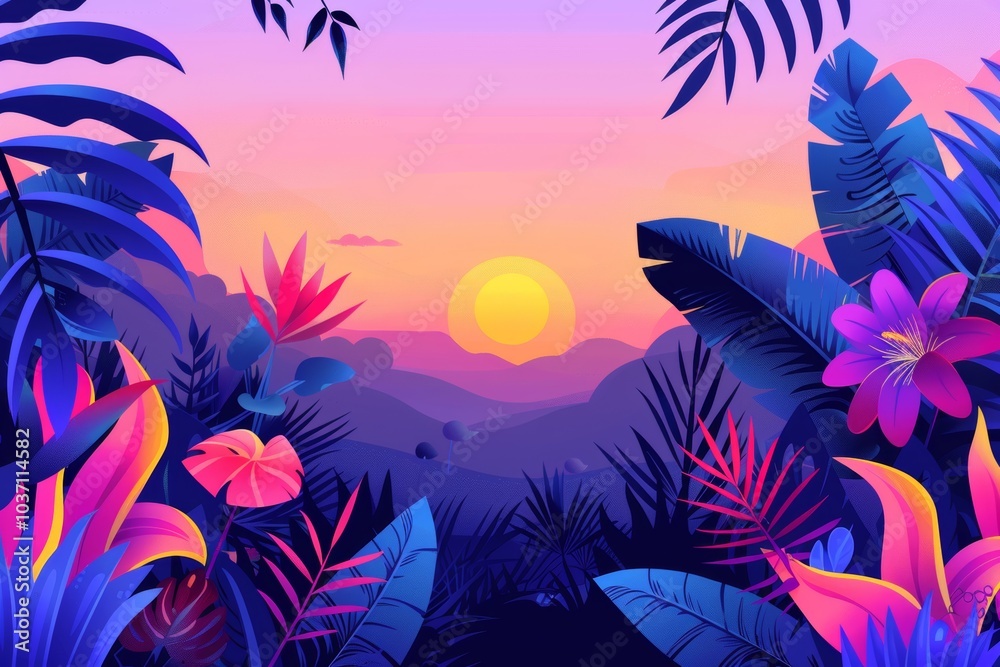 Vibrant sunset over mountainous landscape framed by lush tropical foliage and colorful flowers at dusk
