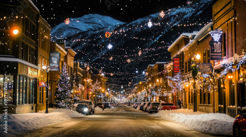 Mountain town road and buildings decorated for Christmas, ski resort street covered with snow in winter at night. Concept of New Year, lights, xmas, holiday photo