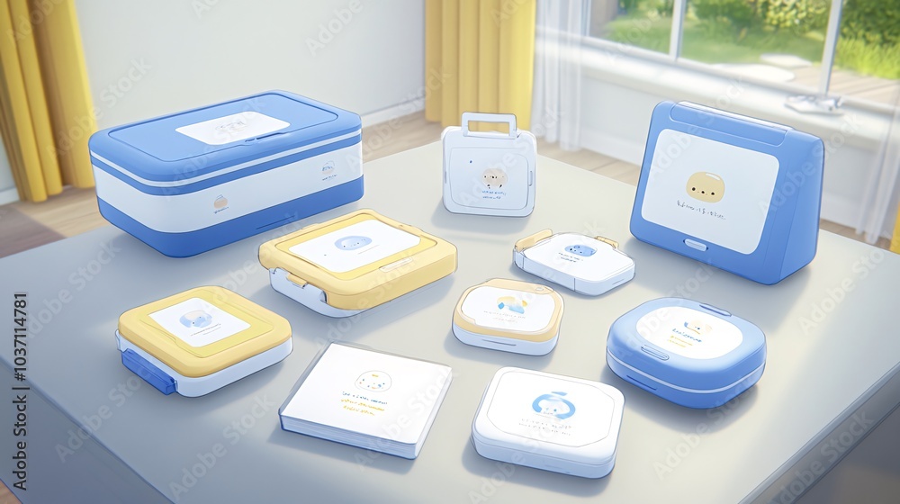 A collection of blue and yellow lunch boxes and containers on a white table. A collection of blue and yellow lunch boxes and containers on a white table.