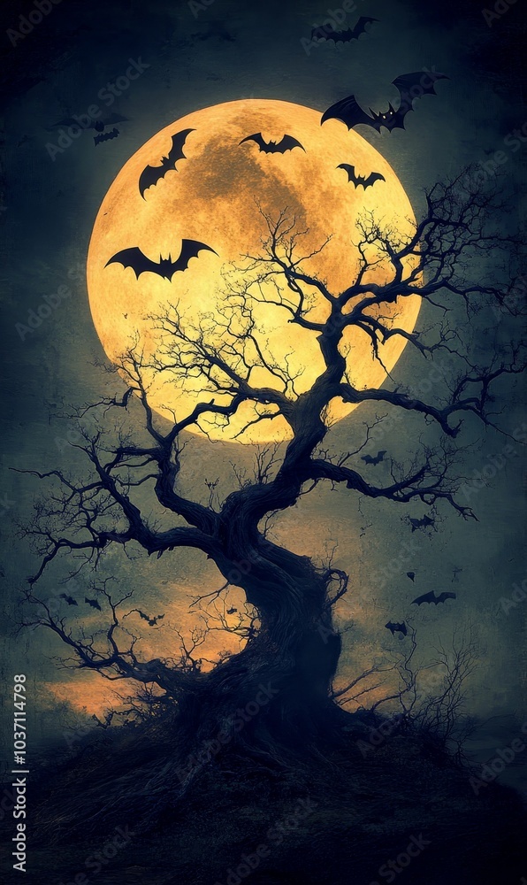 Bats fly past a tree and a full moon. Bats fly past a tree and a full moon.