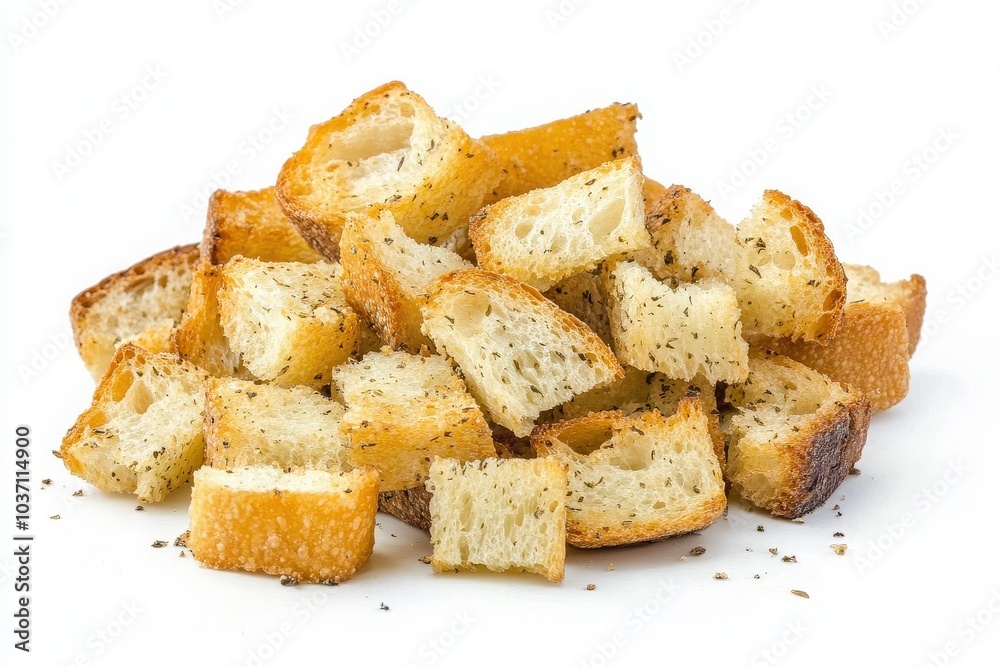 A vibrant pile of croutons, finely chopped from toasted bread and seasoned with herbs, showcases a delightful crunch. Ideal for adding texture to salads or soups, these golden morsels shine. A vibrant pile of croutons, finely chopped from toasted bread and seasoned with herbs, showcases a delightful crunch. Ideal for adding texture to salads or soups, these golden morsels shine.