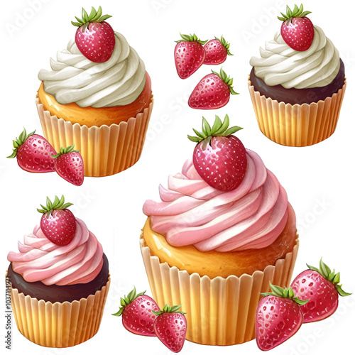 Set of strawberry cupcakes